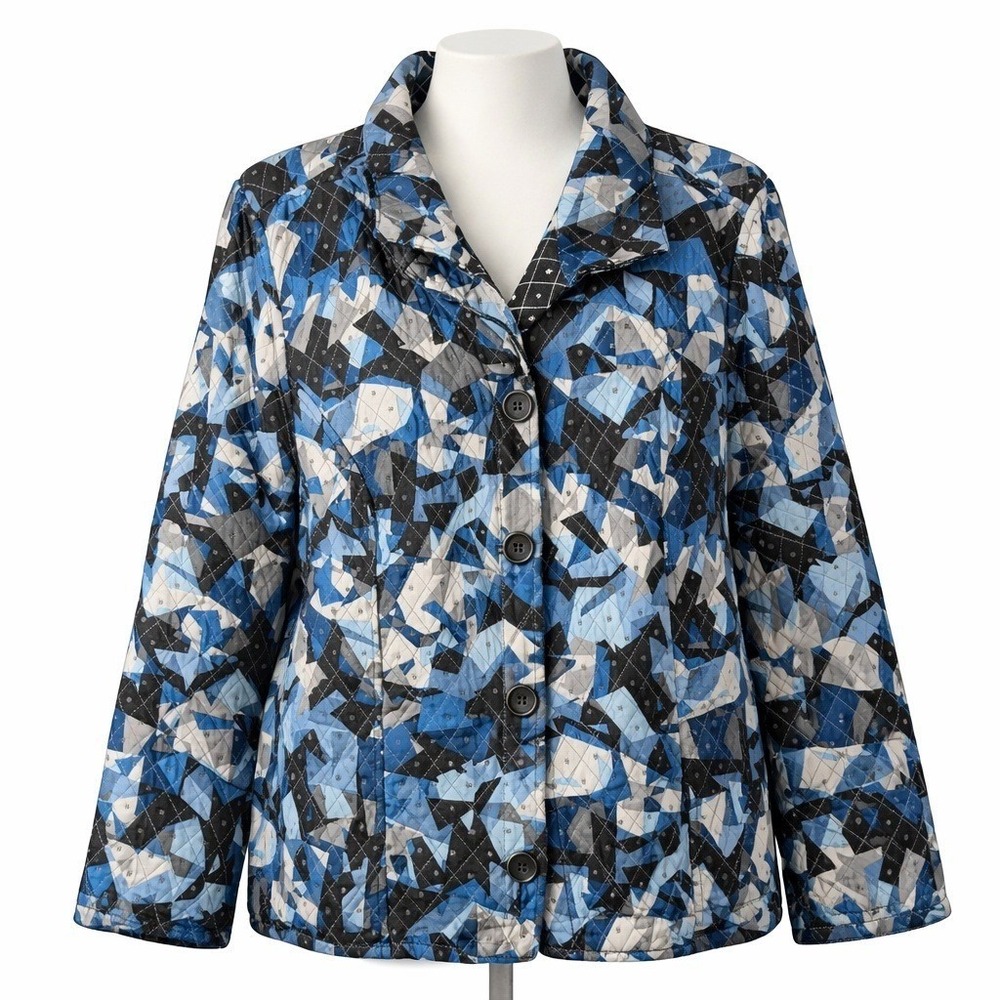 Vintage Reversible Snowflake Quilted Jacket Size L Black Blue Granny Embroidered
